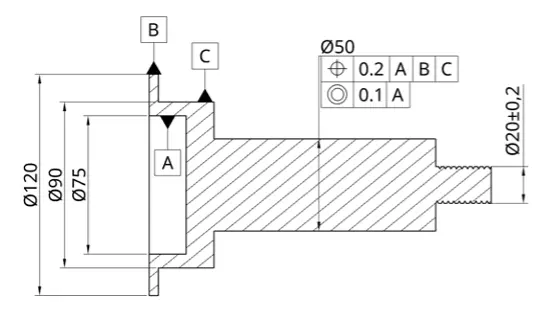 GD&T feature control frame on a technical drawing specifying a position tolerance with datum references