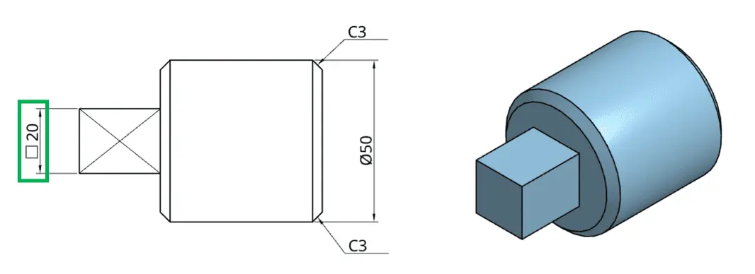 Square cross-section symbol used on technical drawings to denote a square feature